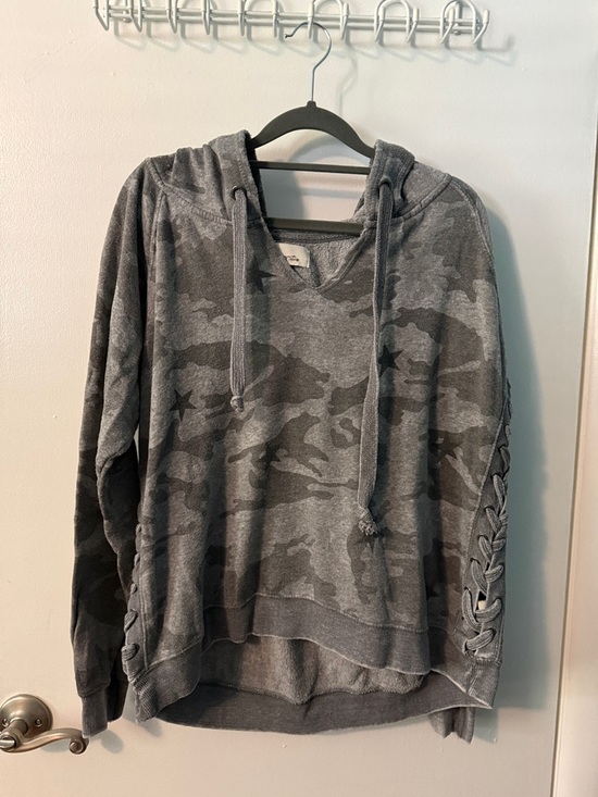 Vintage Havana Tops - Vintage Havana Gray Camo Hoodie with Lace-Up Sleeve